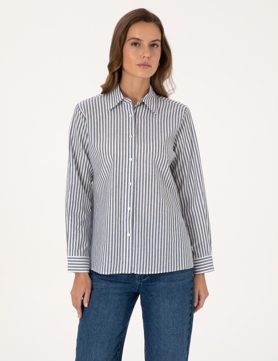 Lacivert Çizgili Comfort Fit Uzun Kollu Gömlek