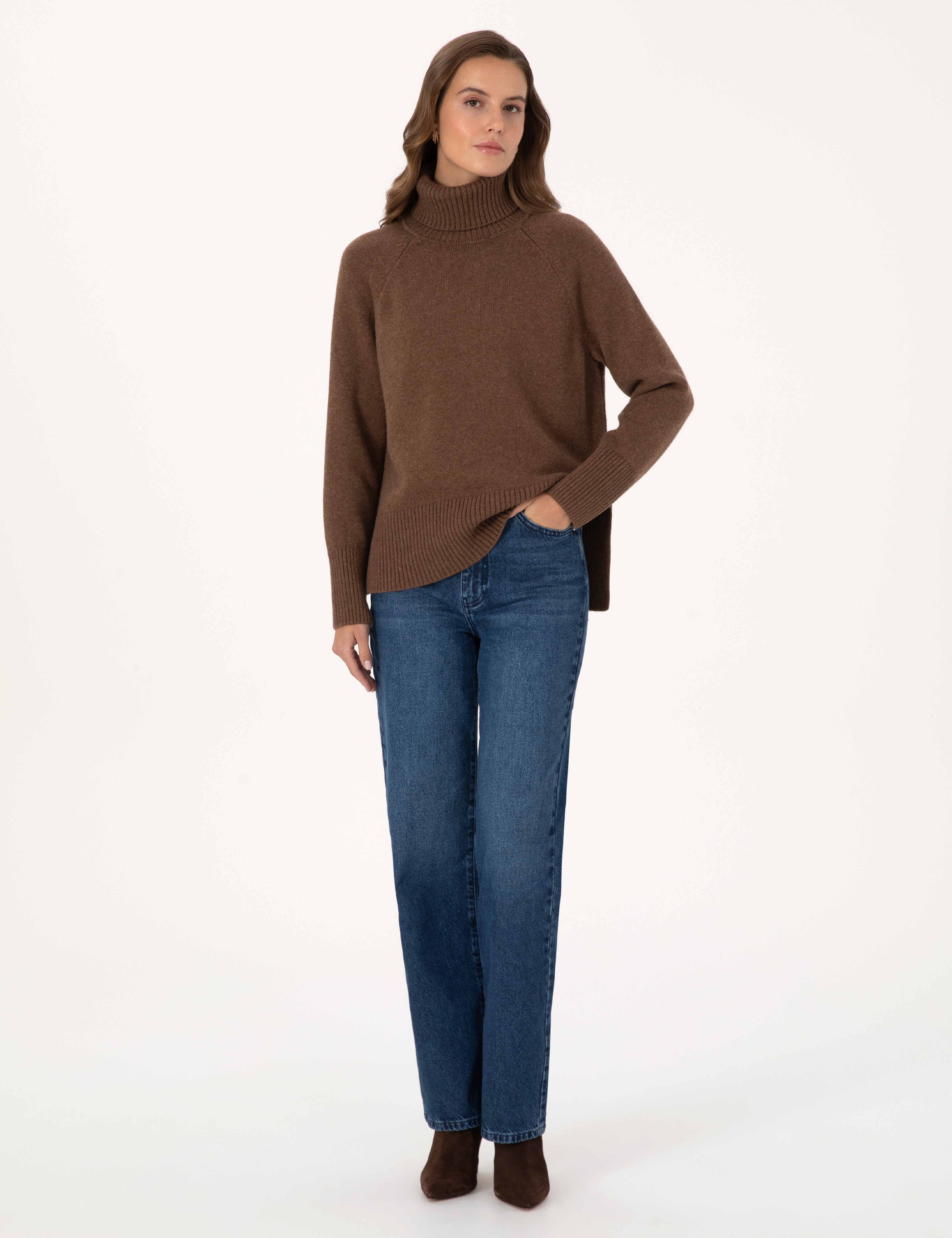 Kahverengi Comfort Fit Yün Karışımlı Balıkçı Yaka Kazak - Image 4
