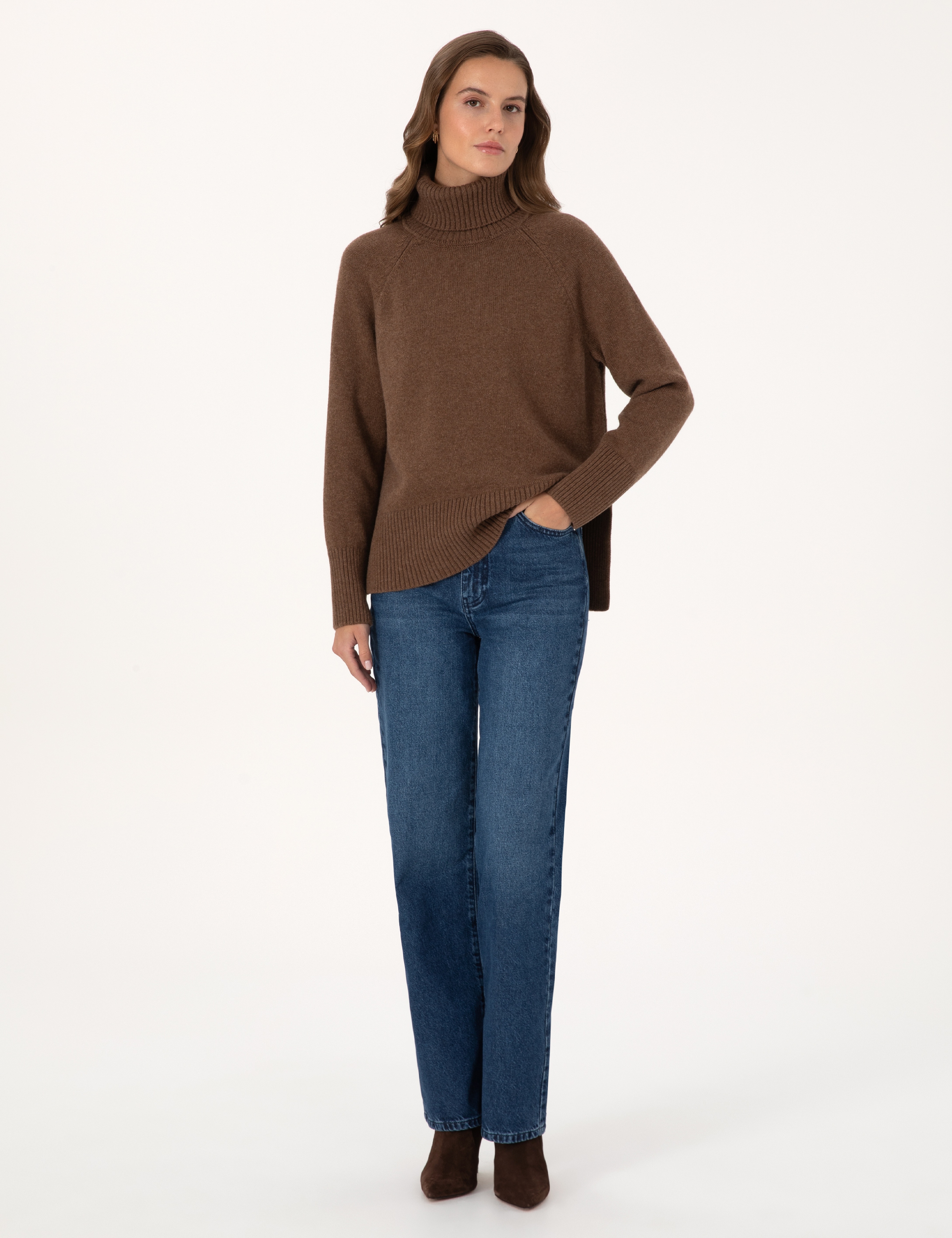Kahverengi Comfort Fit Yün Karışımlı Balıkçı Yaka Kazak