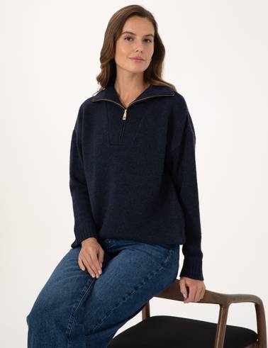 Lacivert Comfort Fit Fermuarlı Dik Yaka Kazak