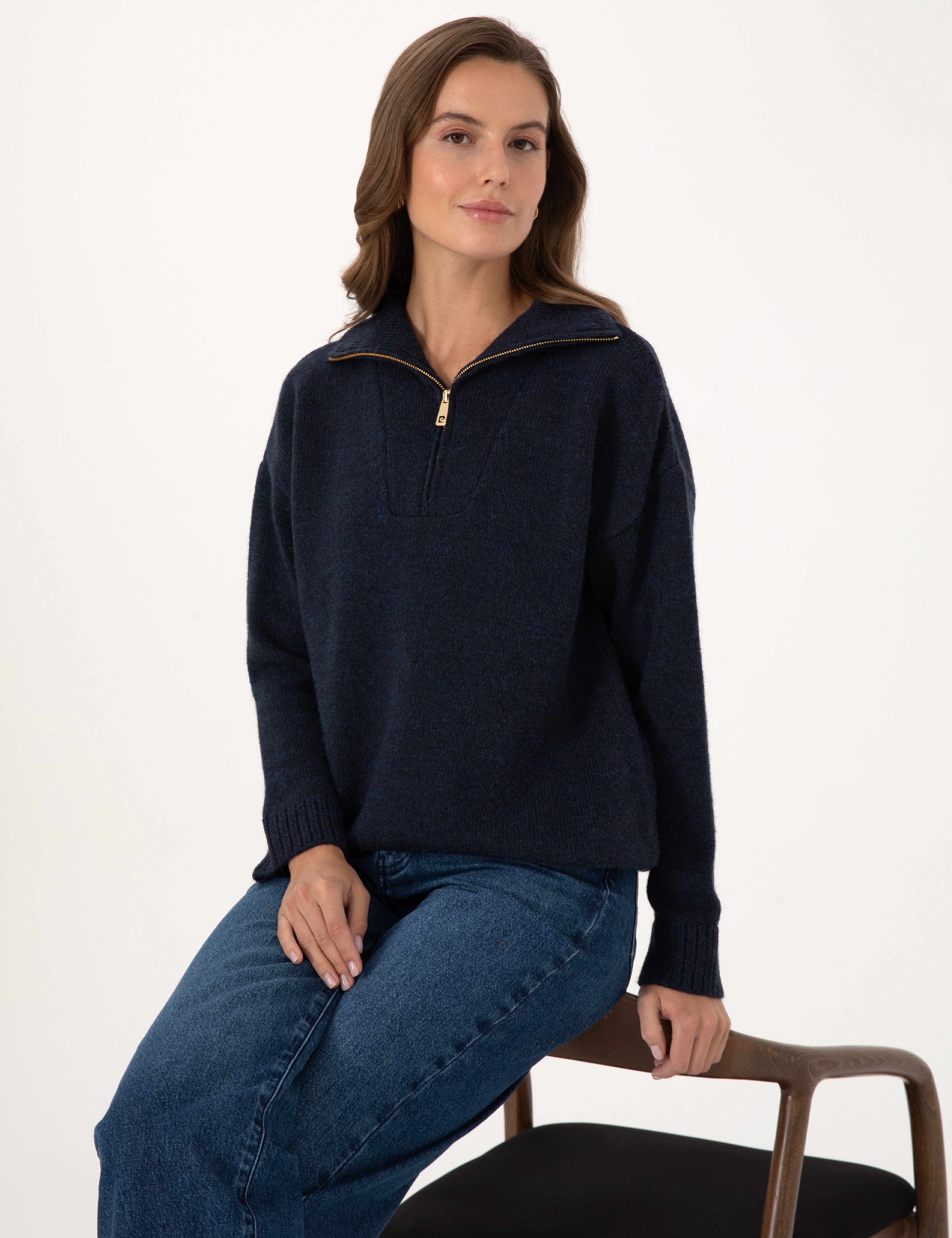Lacivert Comfort Fit Fermuarlı Dik Yaka Kazak - Image 3