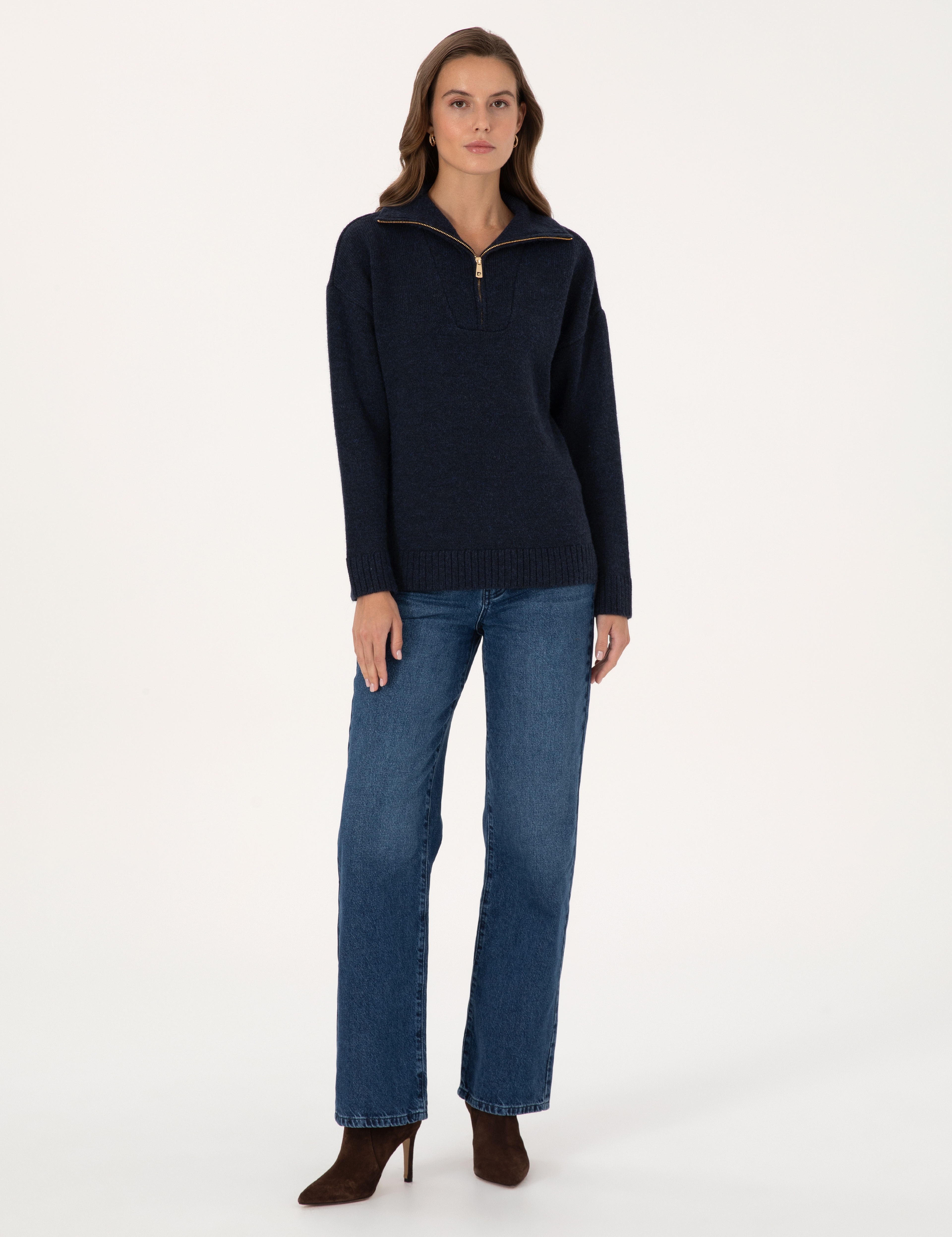 Lacivert Comfort Fit Fermuarlı Dik Yaka Kazak - Image 4