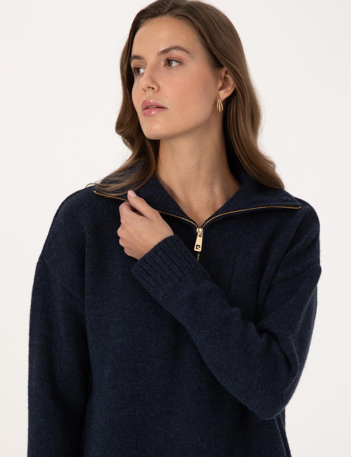 Lacivert Comfort Fit Fermuarlı Dik Yaka Kazak - 50316329008