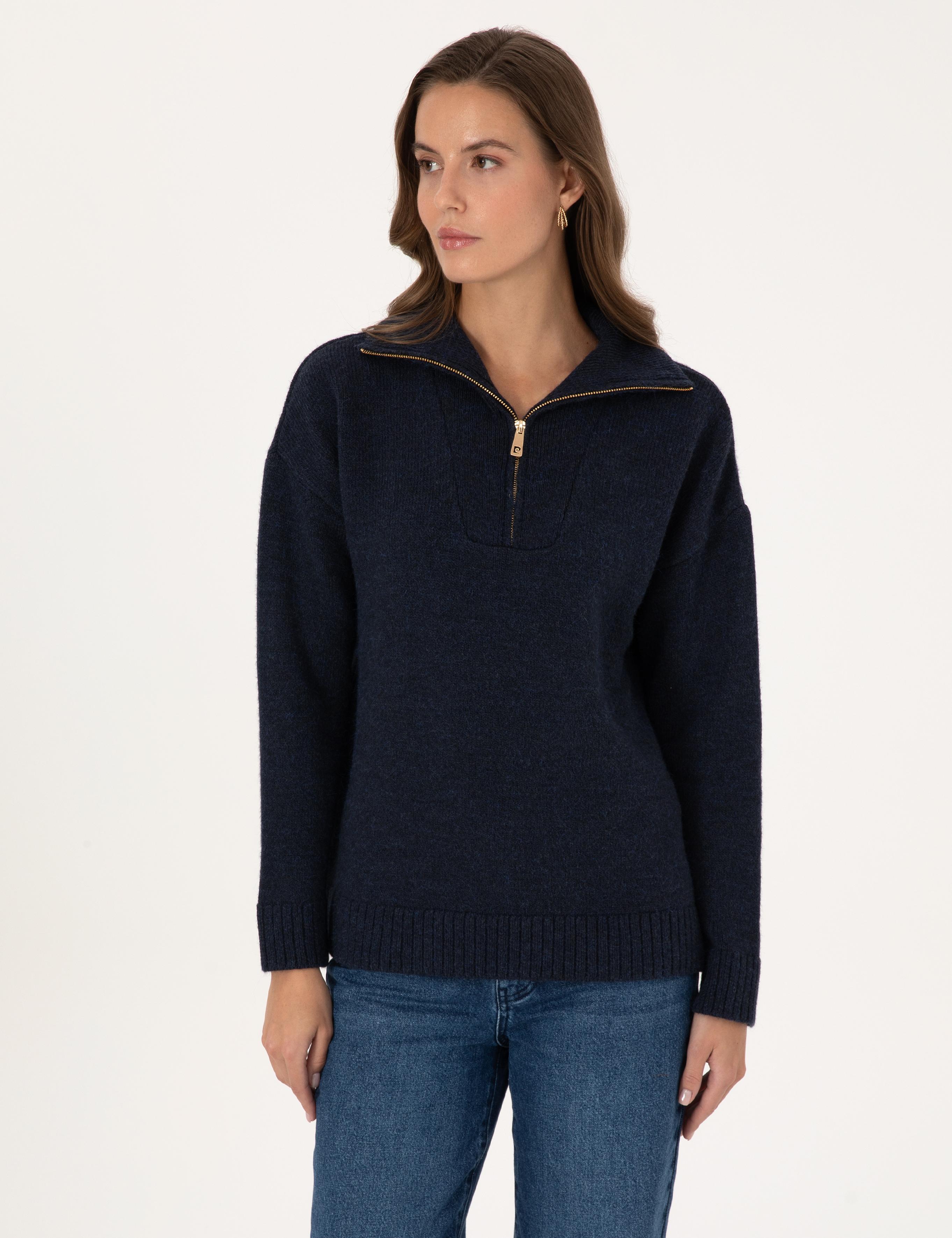 Lacivert Comfort Fit Fermuarlı Dik Yaka Kazak