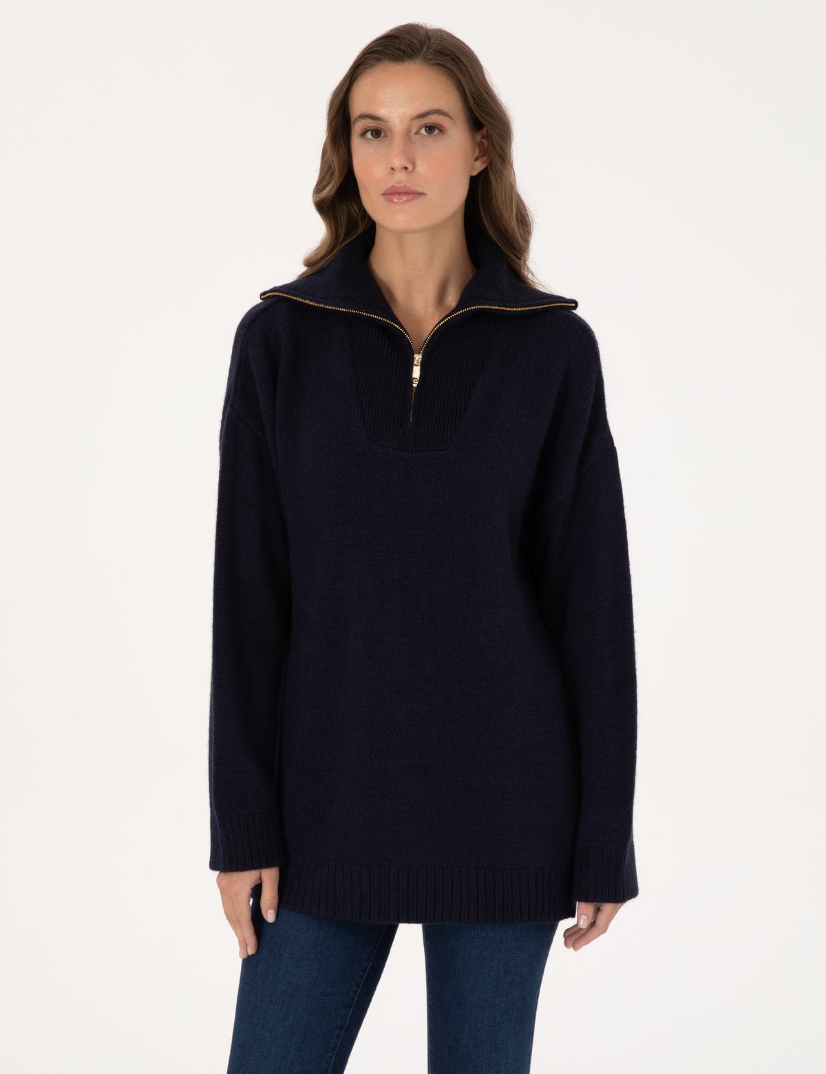 Lacivert Comfort Fit Fermuarlı Şal Yaka Kazak - 50317121004