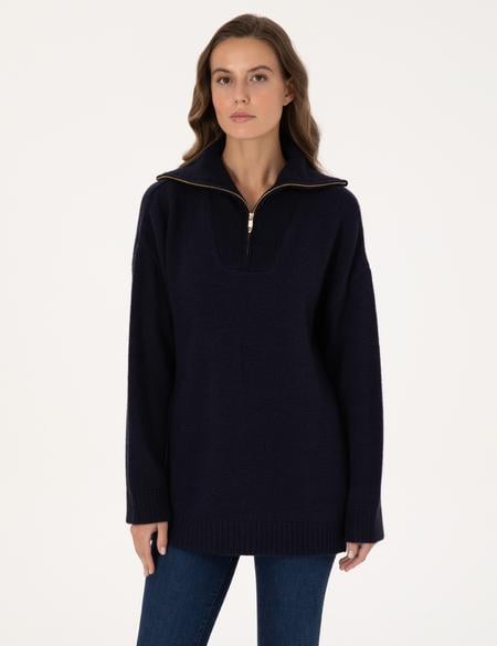 Lacivert Comfort Fit Fermuarlı Şal Yaka Kazak - 50317121004