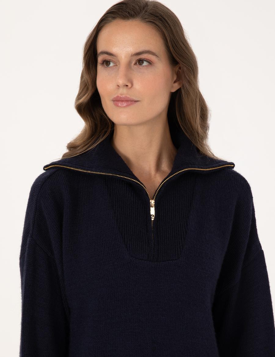 Lacivert Comfort Fit Fermuarlı Şal Yaka Kazak