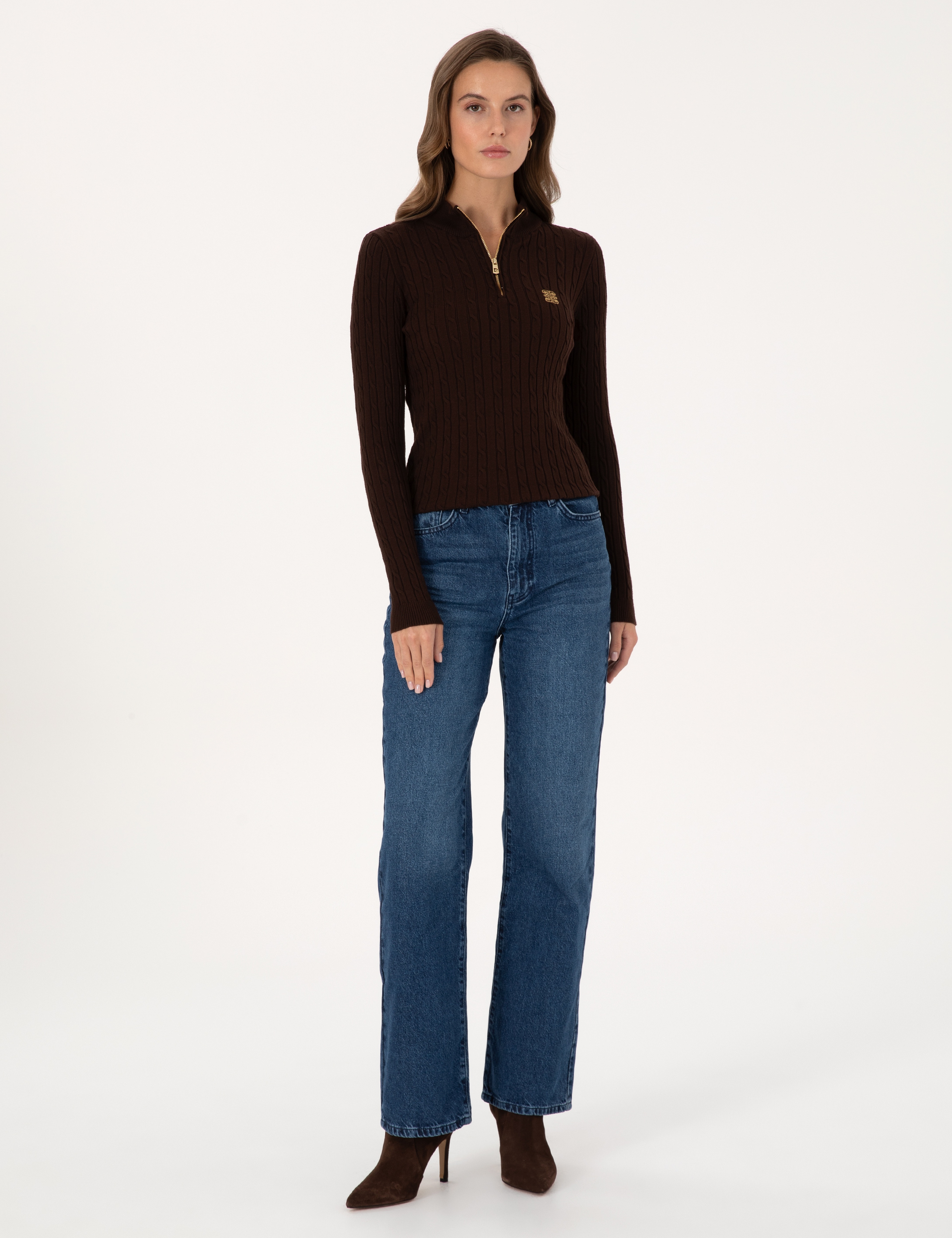 Kahverengi Slim Fit Basic Kazak