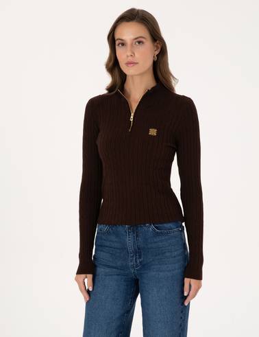 Kahverengi Slim Fit Basic Kazak