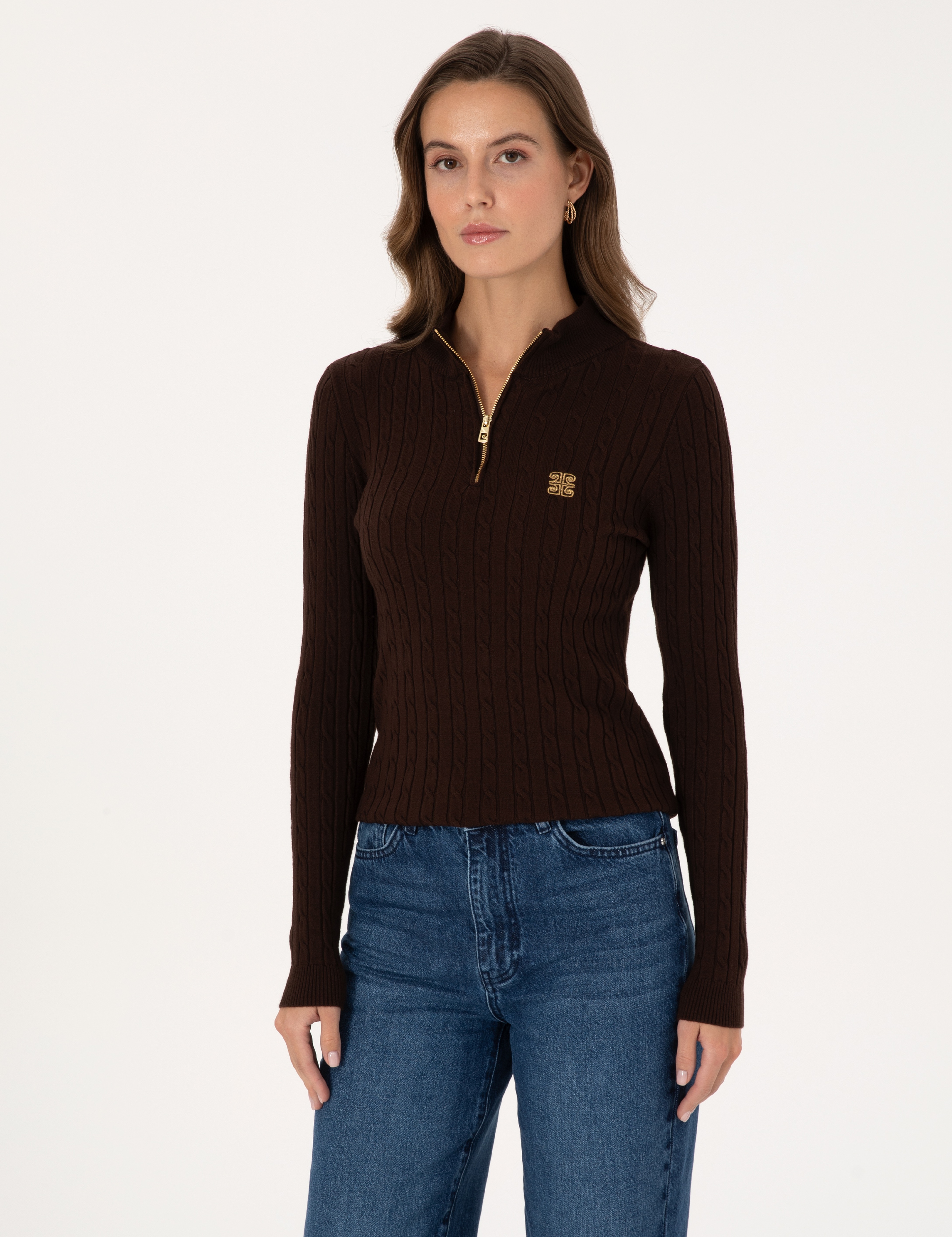 Kahverengi Slim Fit Basic Kazak - Image 1
