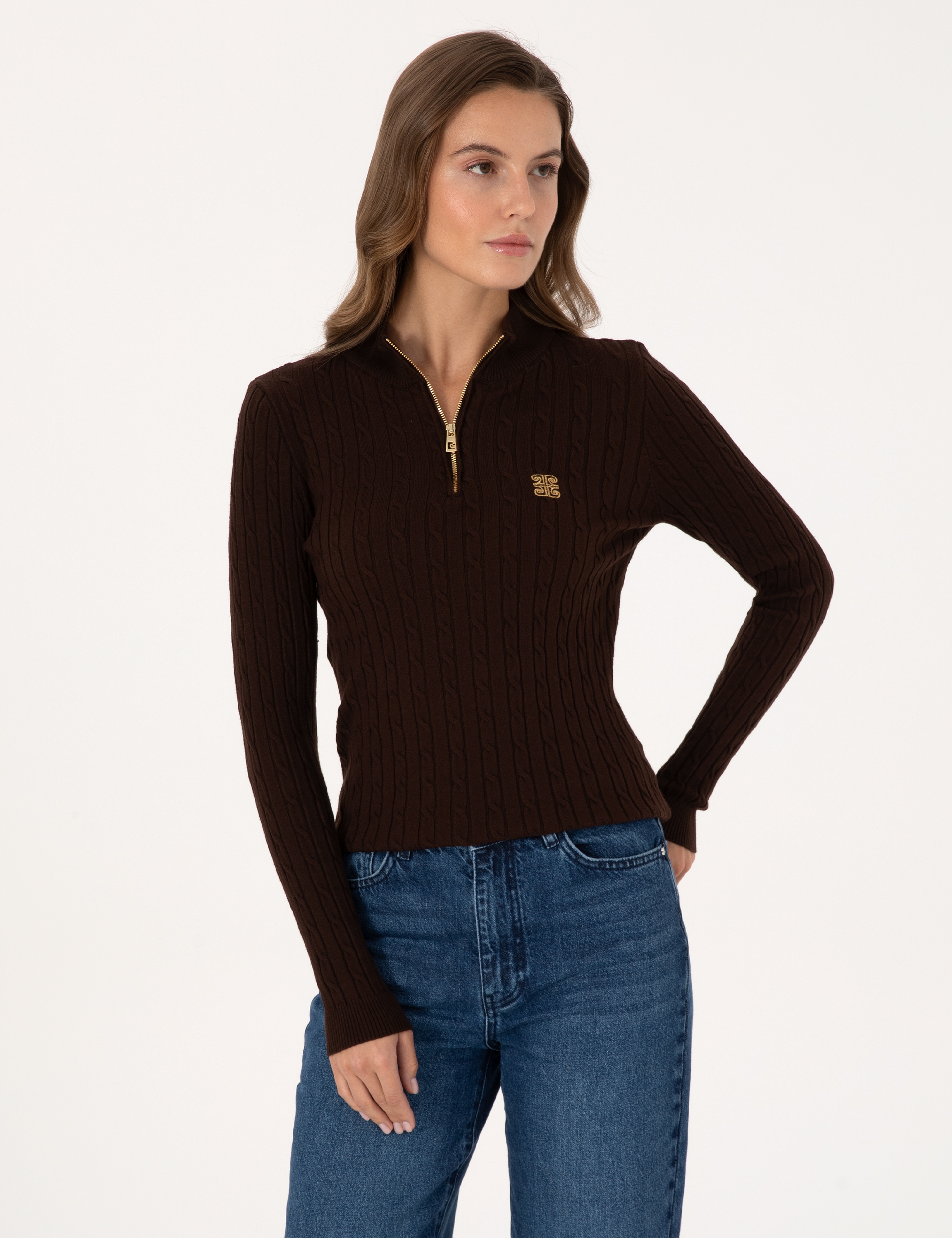 Kahverengi Slim Fit Basic Kazak - Image 3