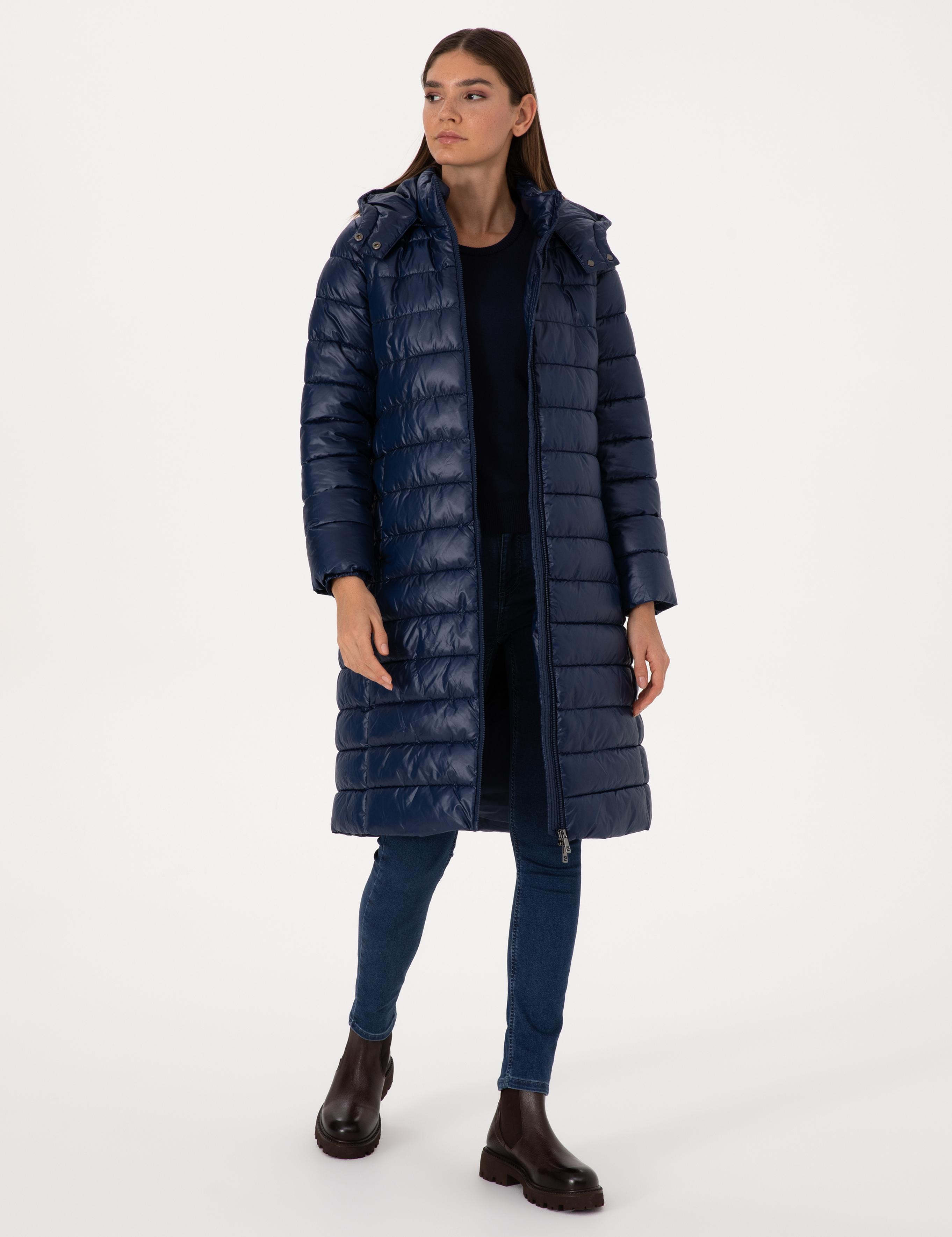 Lacivert Çıkarılabilir Kapüşonlu Kapitone Uzun Mont