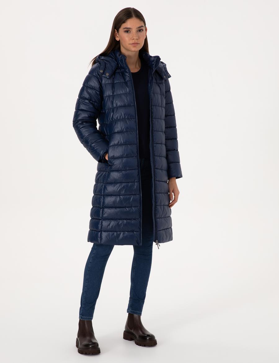 Lacivert Çıkarılabilir Kapüşonlu Kapitone Uzun Mont