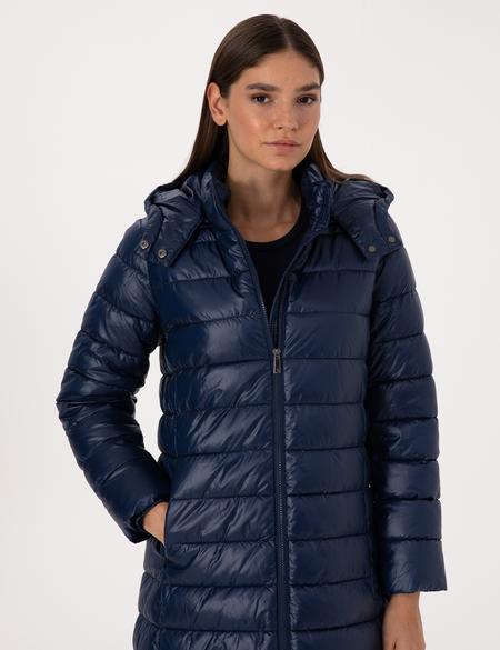 Lacivert Çıkarılabilir Kapüşonlu Kapitone Uzun Mont - 50314165010