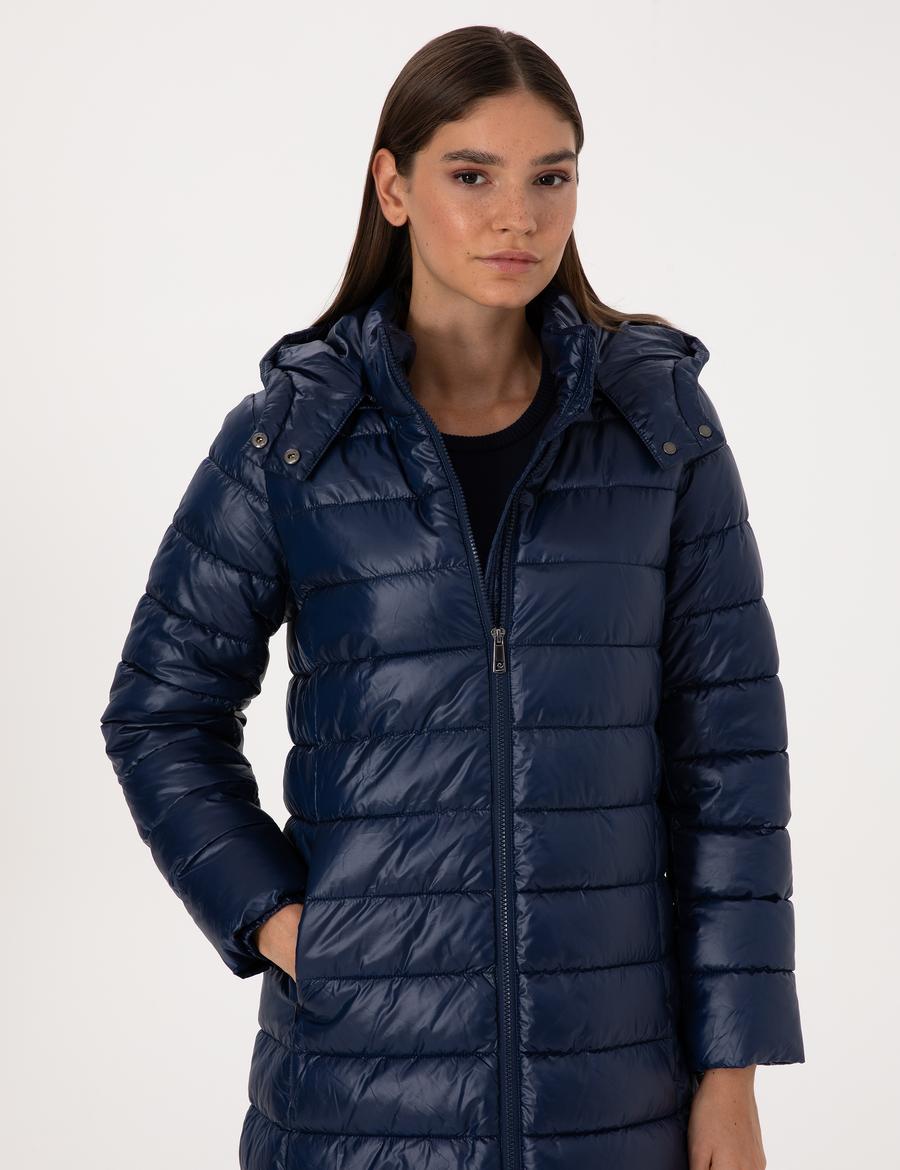 Lacivert Çıkarılabilir Kapüşonlu Kapitone Uzun Mont