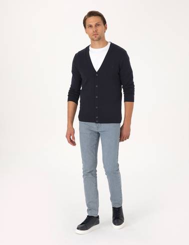 Lacivert Slim Fit Basic Düğmeli Triko Hırka