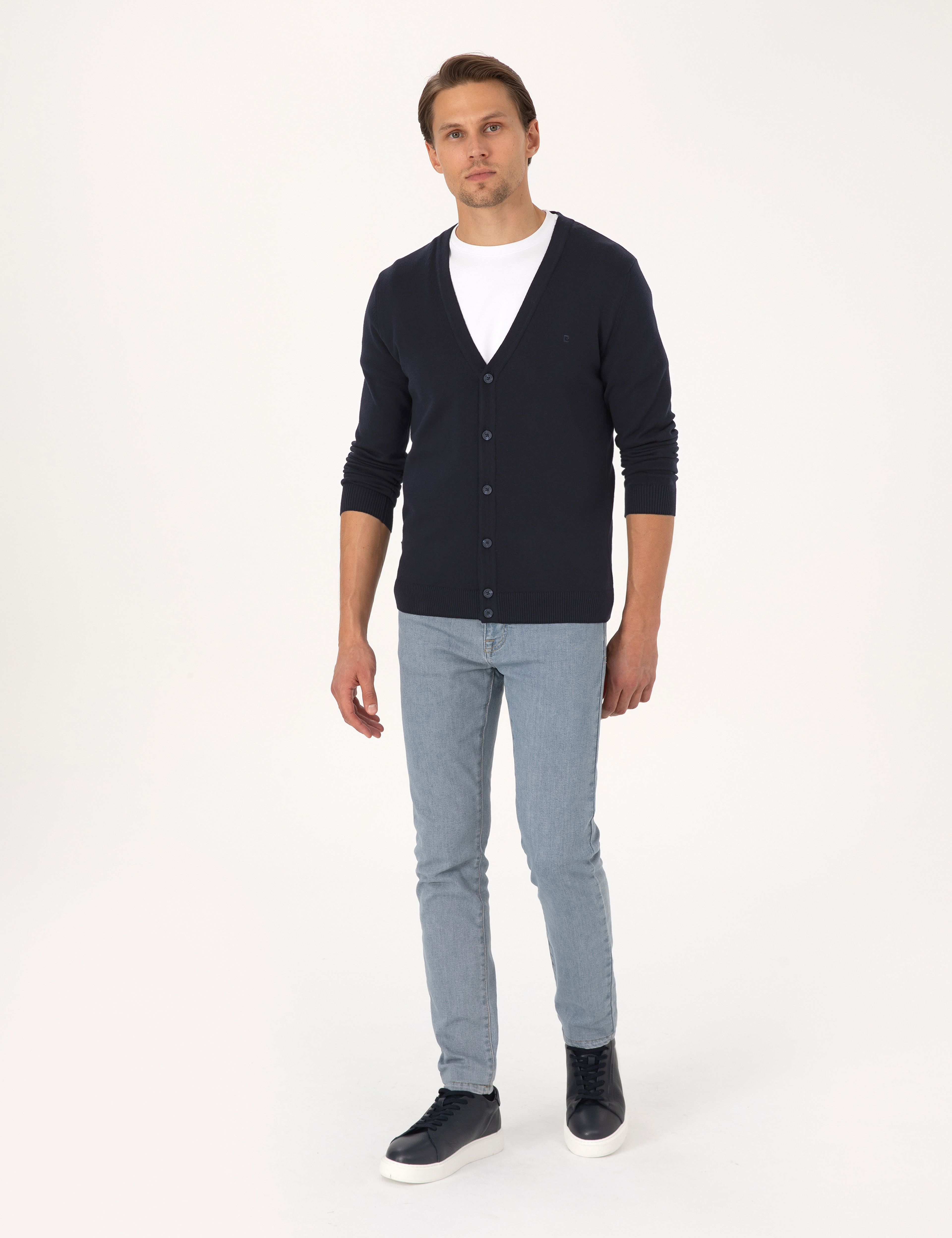 Lacivert Slim Fit Basic Düğmeli Triko Hırka