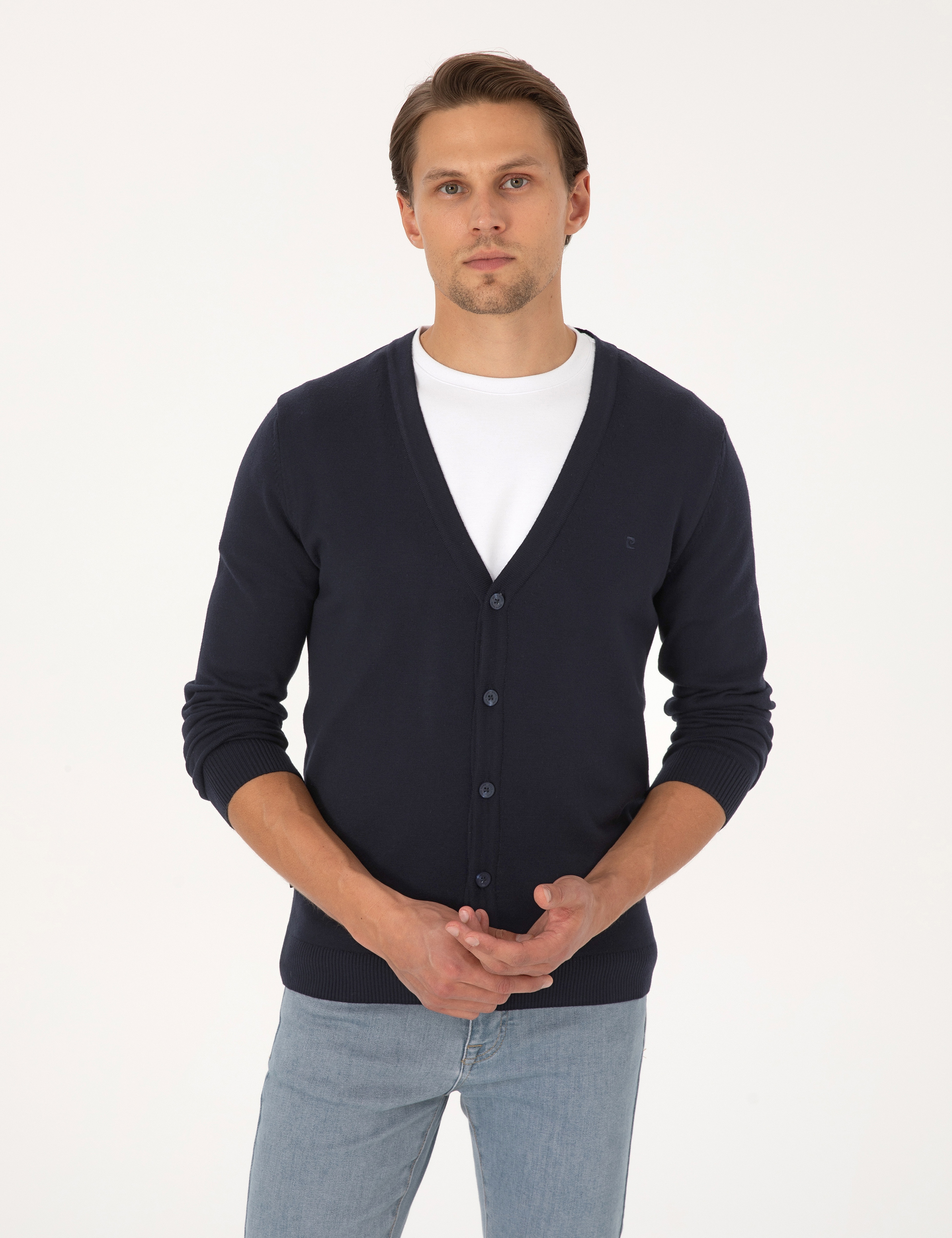 Lacivert Slim Fit Basic Düğmeli Triko Hırka - Image 1