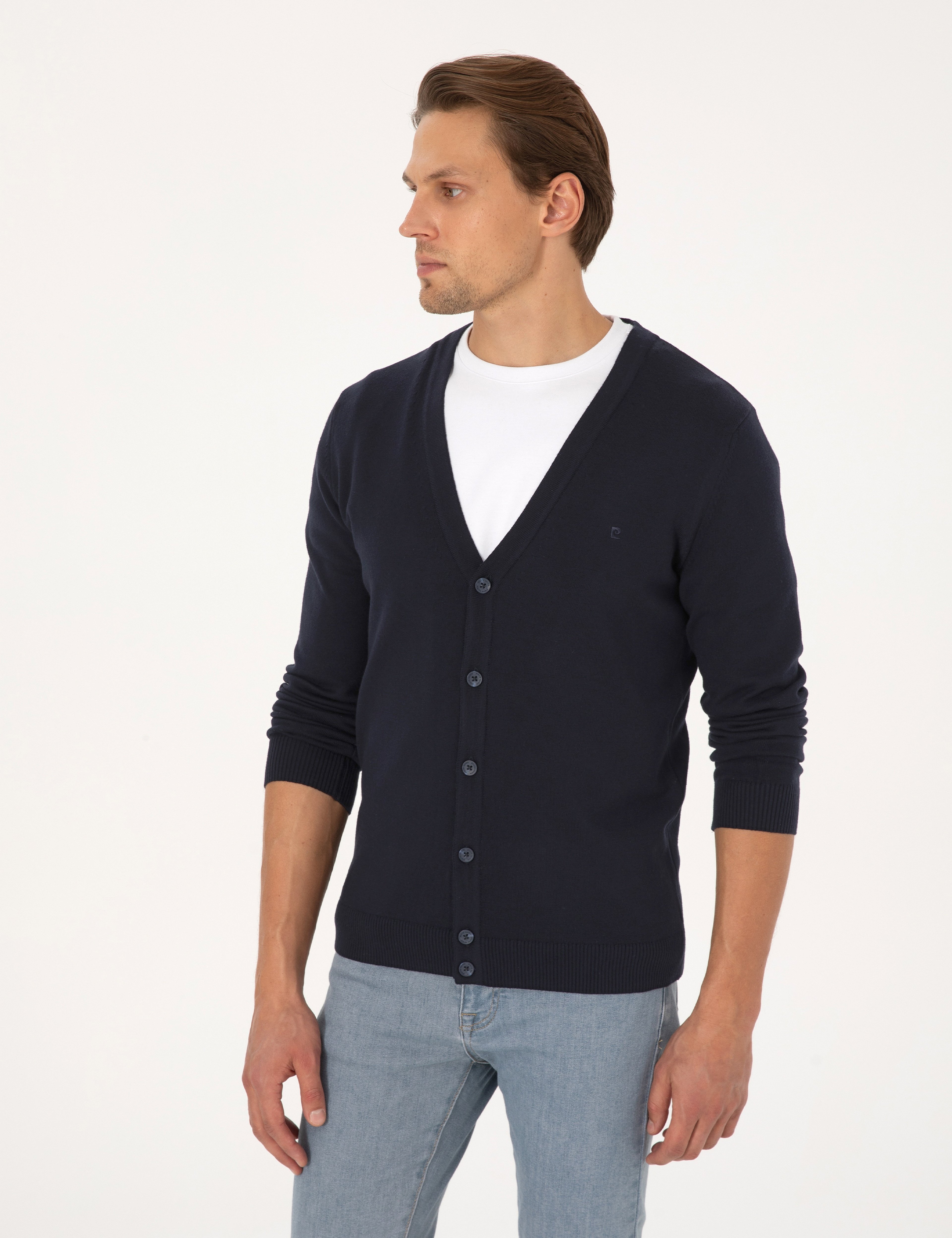 Lacivert Slim Fit Basic Düğmeli Triko Hırka - Image 3