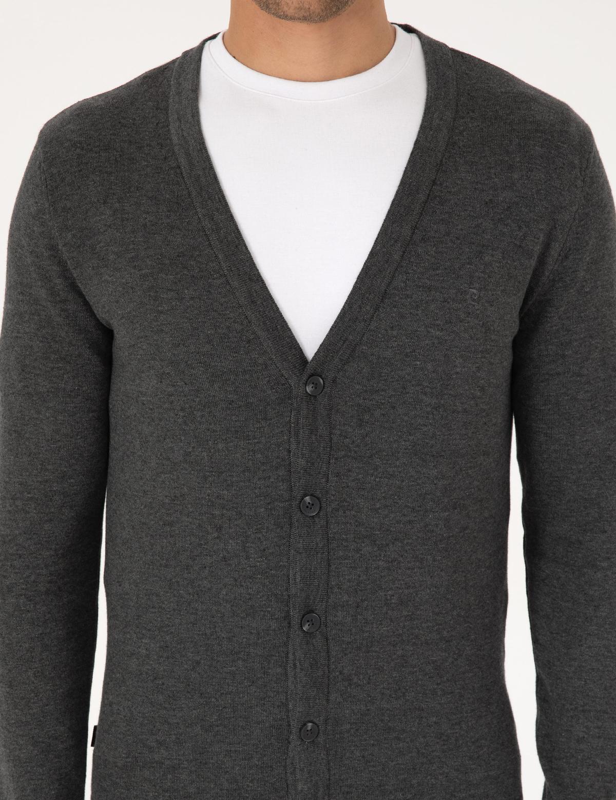 Koyu Gri Melanj Slim Fit Basic Düğmeli Triko Hırka - 50317330059