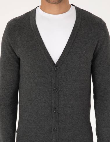 Koyu Gri Melanj Slim Fit Basic Düğmeli Triko Hırka