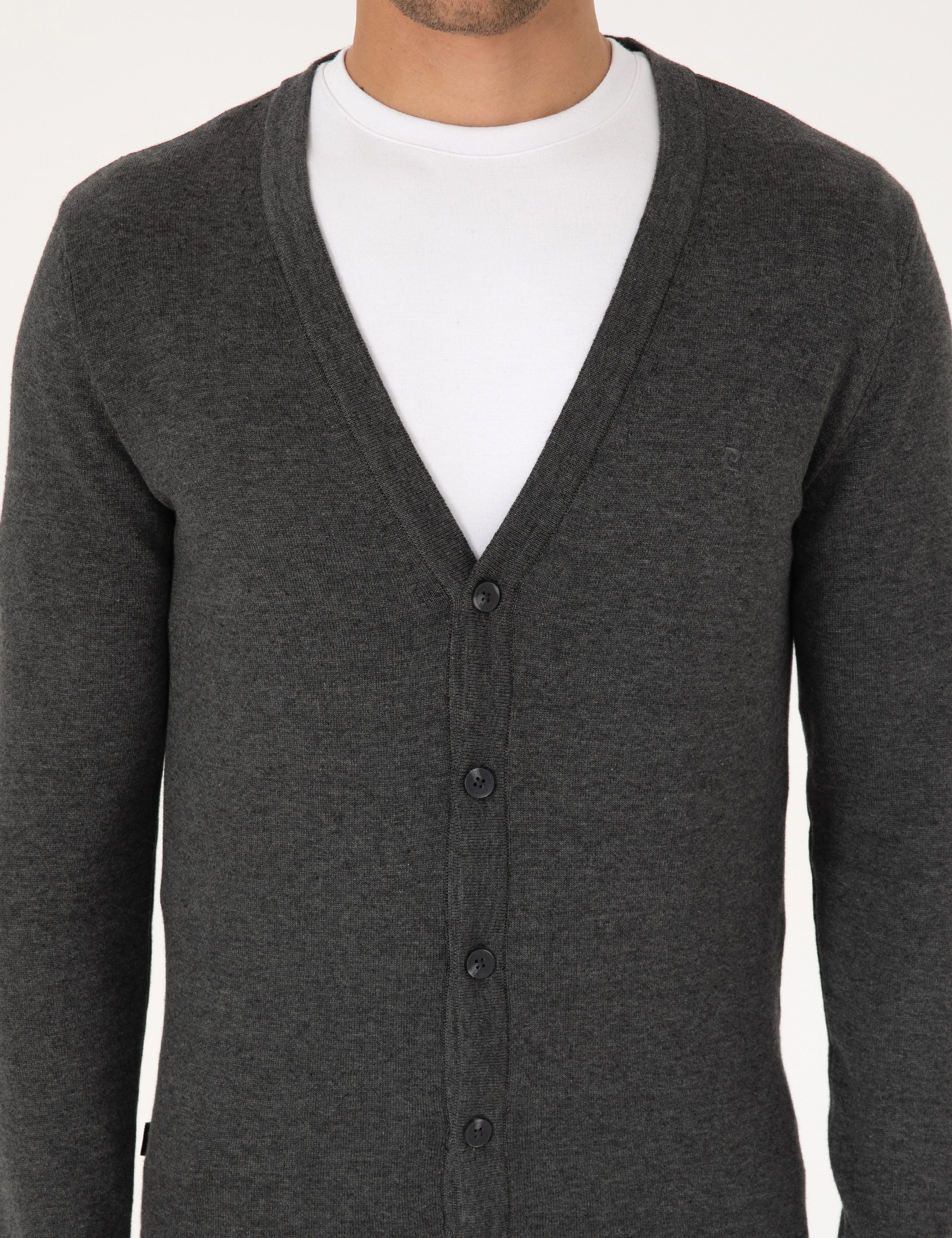 Koyu Gri Melanj Slim Fit Basic Düğmeli Triko Hırka
