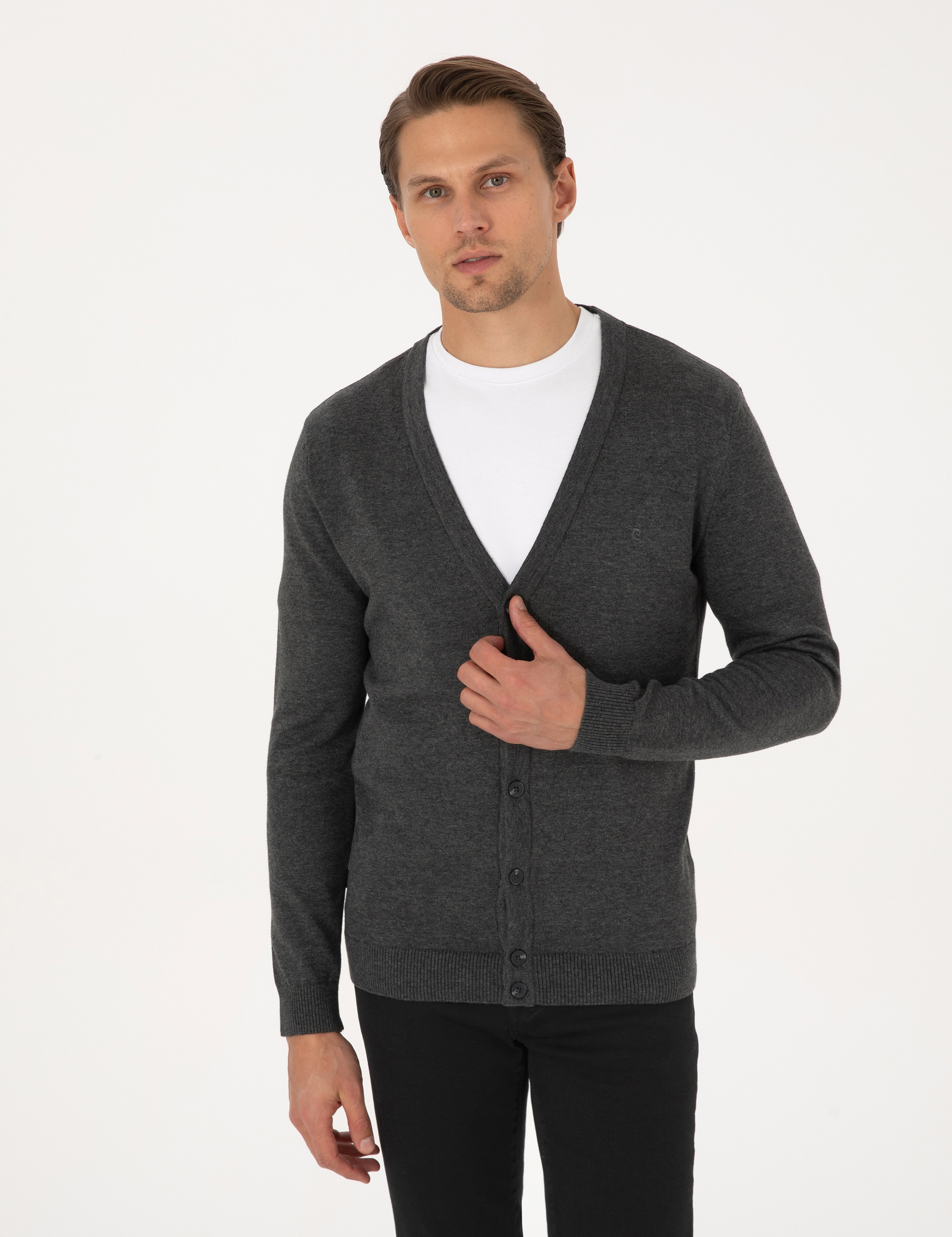 Koyu Gri Melanj Slim Fit Basic Düğmeli Triko Hırka - Image 3
