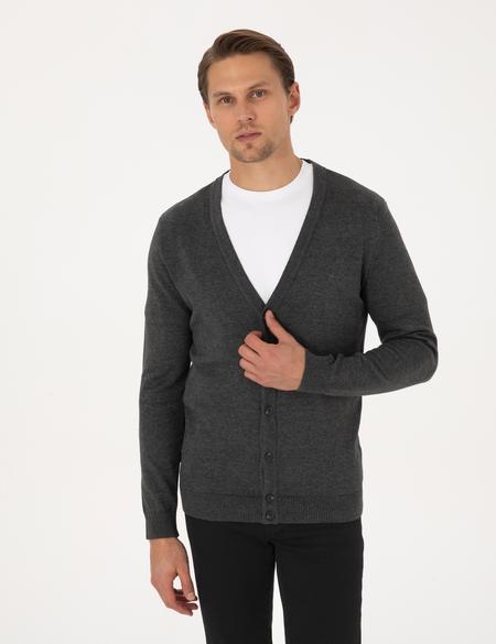 Koyu Gri Melanj Slim Fit Basic Düğmeli Triko Hırka - 50317330059