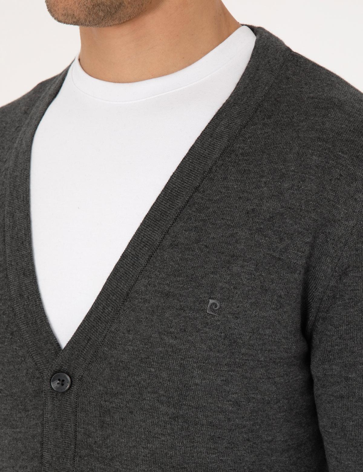 Koyu Gri Melanj Slim Fit Basic Düğmeli Triko Hırka - 50317330059