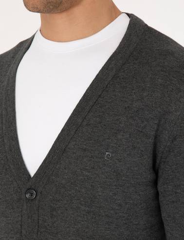 Koyu Gri Melanj Slim Fit Basic Düğmeli Triko Hırka