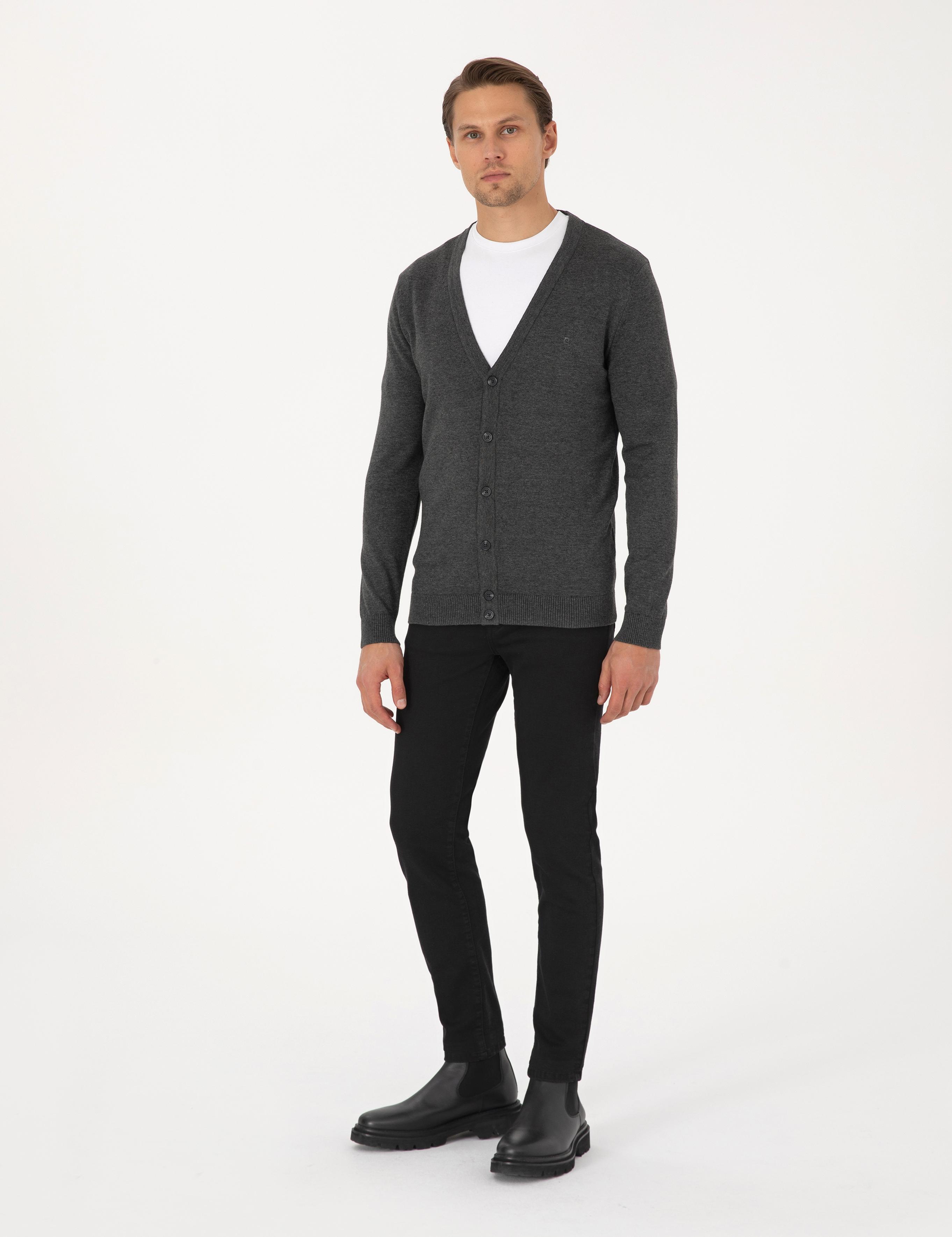 Koyu Gri Melanj Slim Fit Basic Düğmeli Triko Hırka