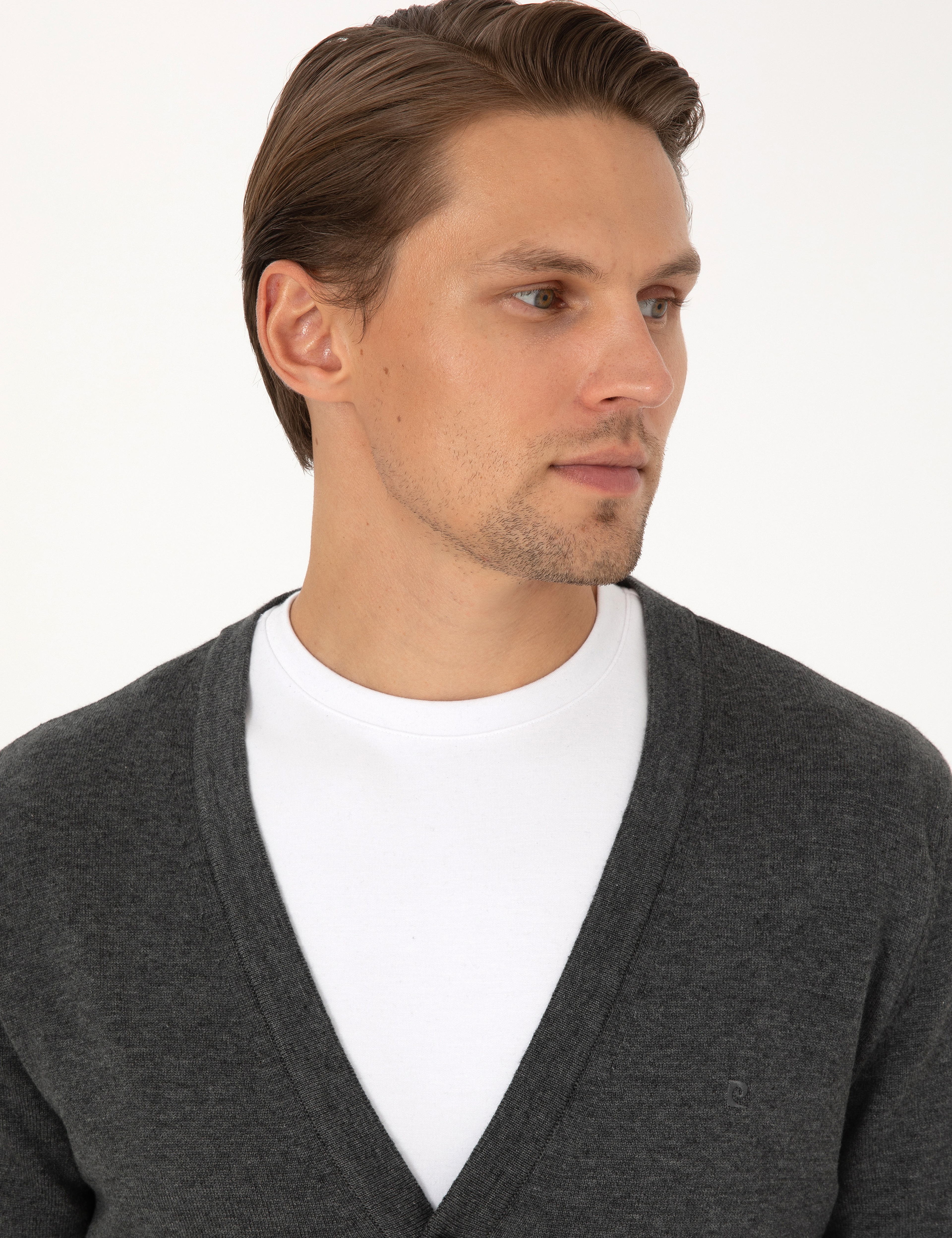 Koyu Gri Melanj Slim Fit Basic Düğmeli Triko Hırka