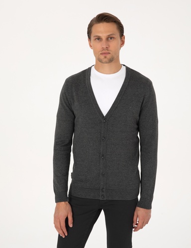 Koyu Gri Melanj Slim Fit Basic Düğmeli Triko Hırka