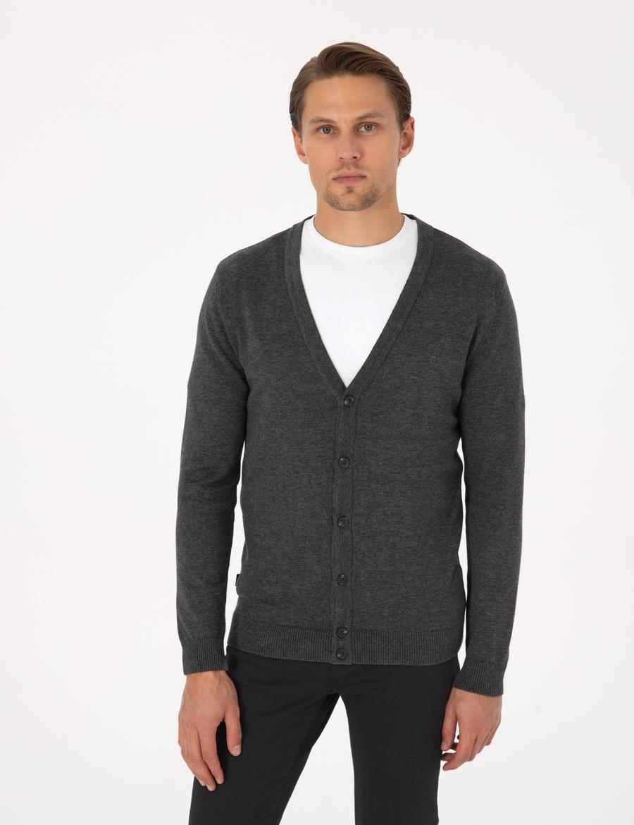 Koyu Gri Melanj Slim Fit Basic Düğmeli Triko Hırka