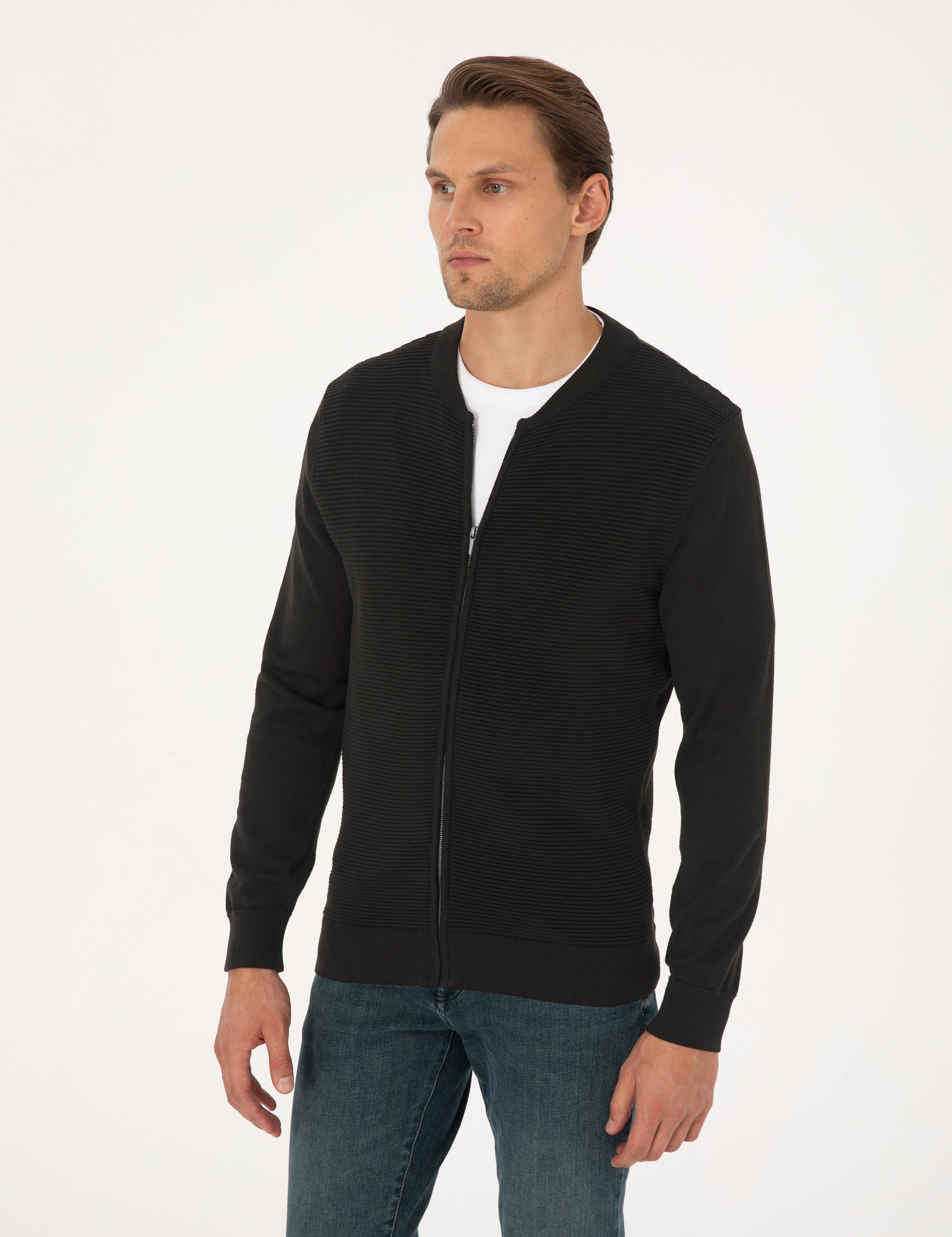 Siyah Slim Fit Fermuarlı Triko Hırka