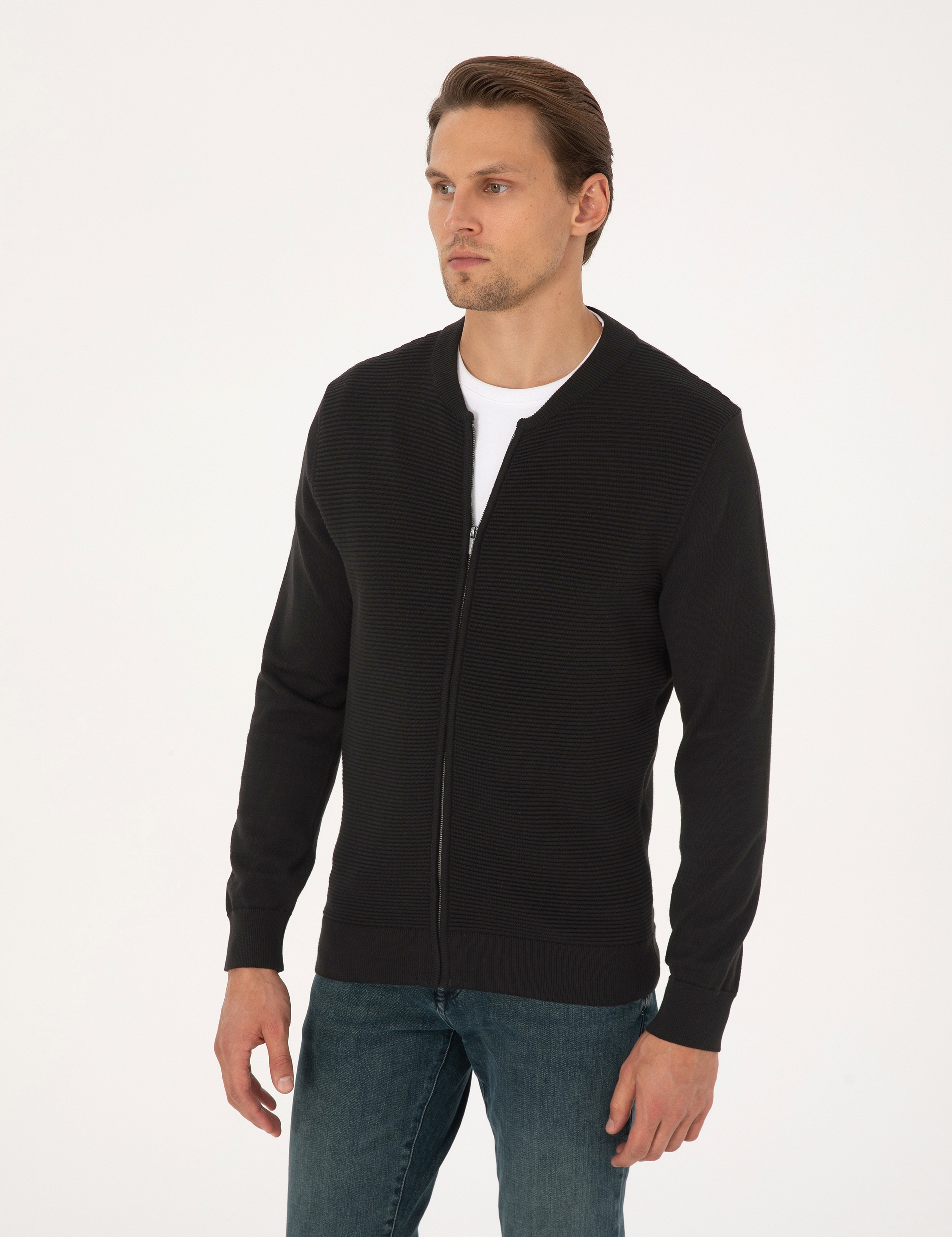 Siyah Slim Fit Fermuarlı Triko Hırka - Image 3