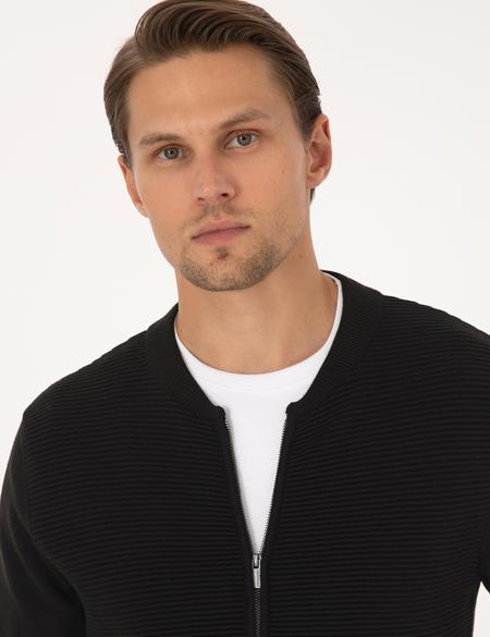 Siyah Slim Fit Fermuarlı Triko Hırka - 50317333028