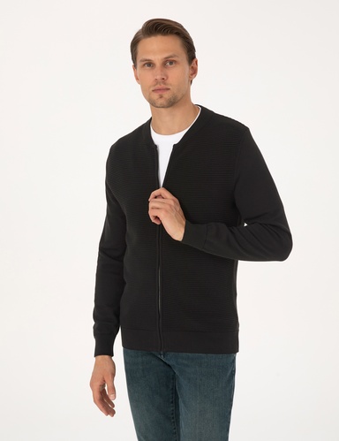 Siyah Slim Fit Fermuarlı Triko Hırka