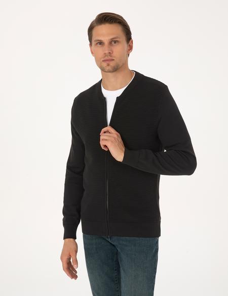 Siyah Slim Fit Fermuarlı Triko Hırka - 50317333028