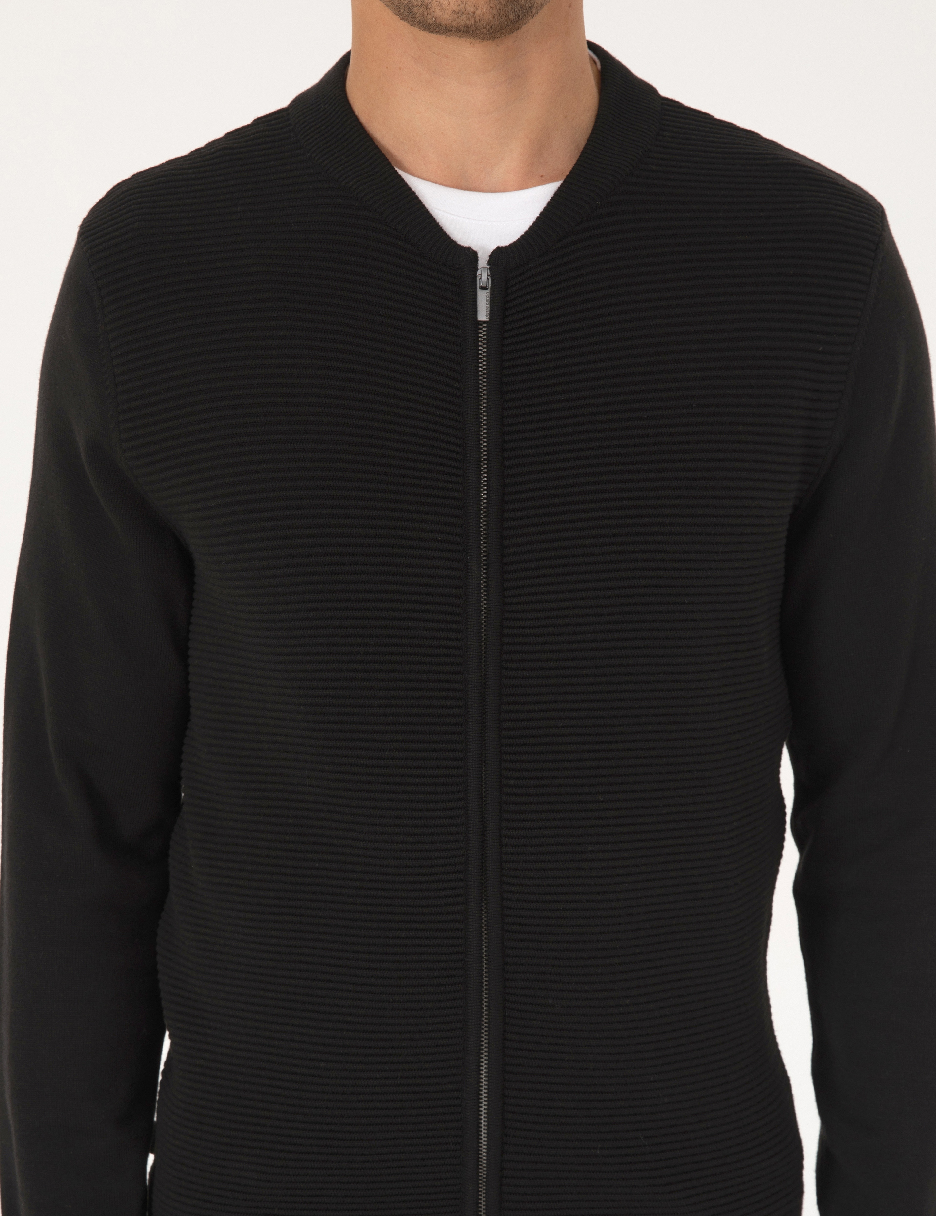 Siyah Slim Fit Fermuarlı Triko Hırka - Image 6