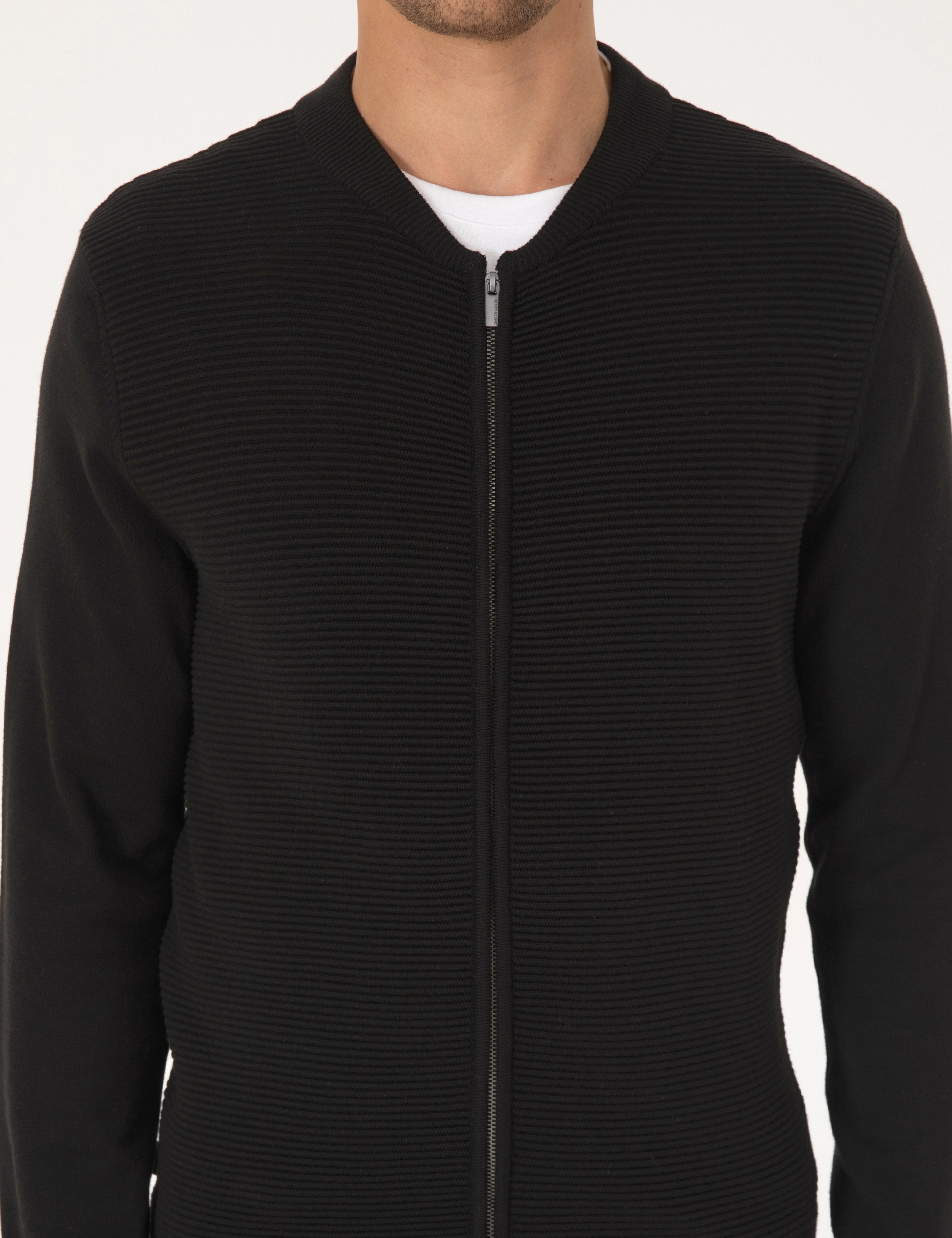 Siyah Slim Fit Fermuarlı Triko Hırka