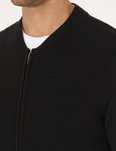 Siyah Slim Fit Fermuarlı Triko Hırka - 50317333028