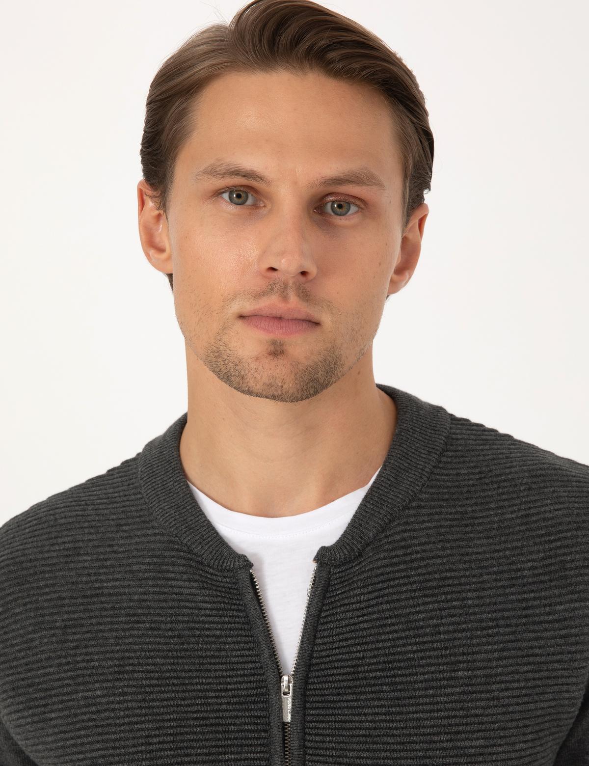 Açık Gri Melanj Slim Fit Fermuarlı Triko Hırka - 50317333036