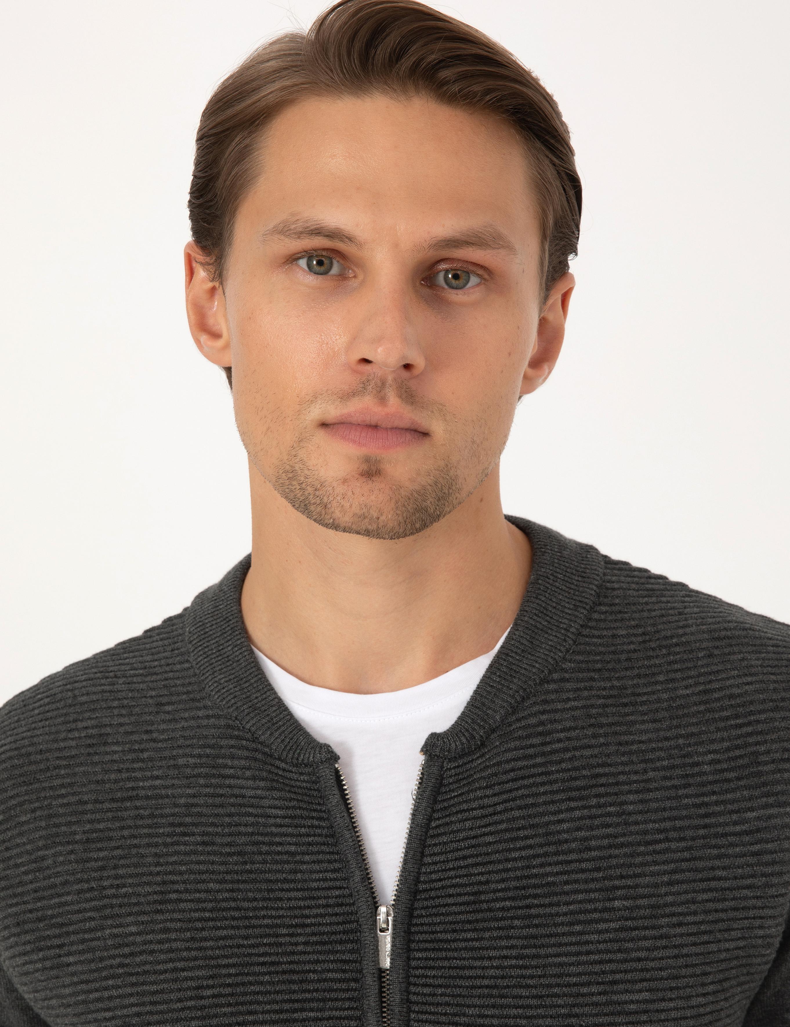 Açık Gri Melanj Slim Fit Fermuarlı Triko Hırka