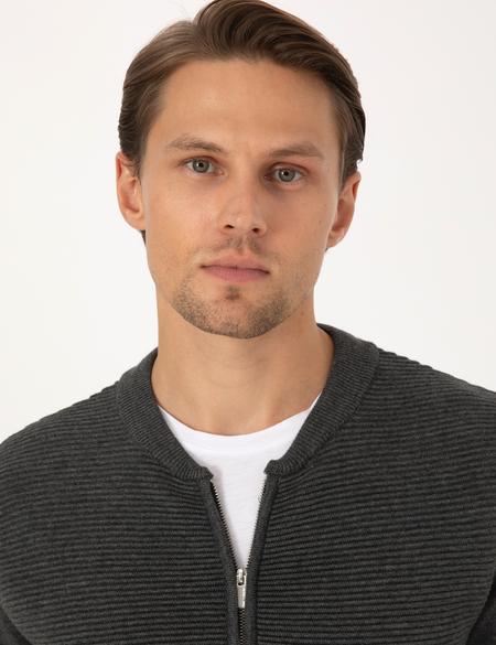 Açık Gri Melanj Slim Fit Fermuarlı Triko Hırka - 50317333036