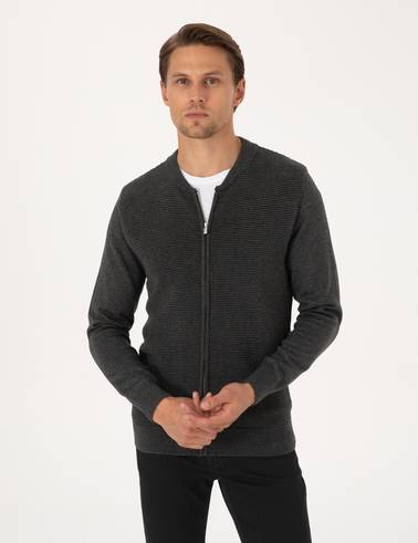 Açık Gri Melanj Slim Fit Fermuarlı Triko Hırka
