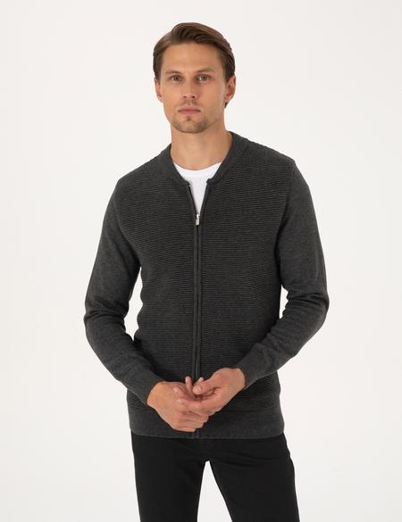 Açık Gri Melanj Slim Fit Fermuarlı Triko Hırka - 50317333036