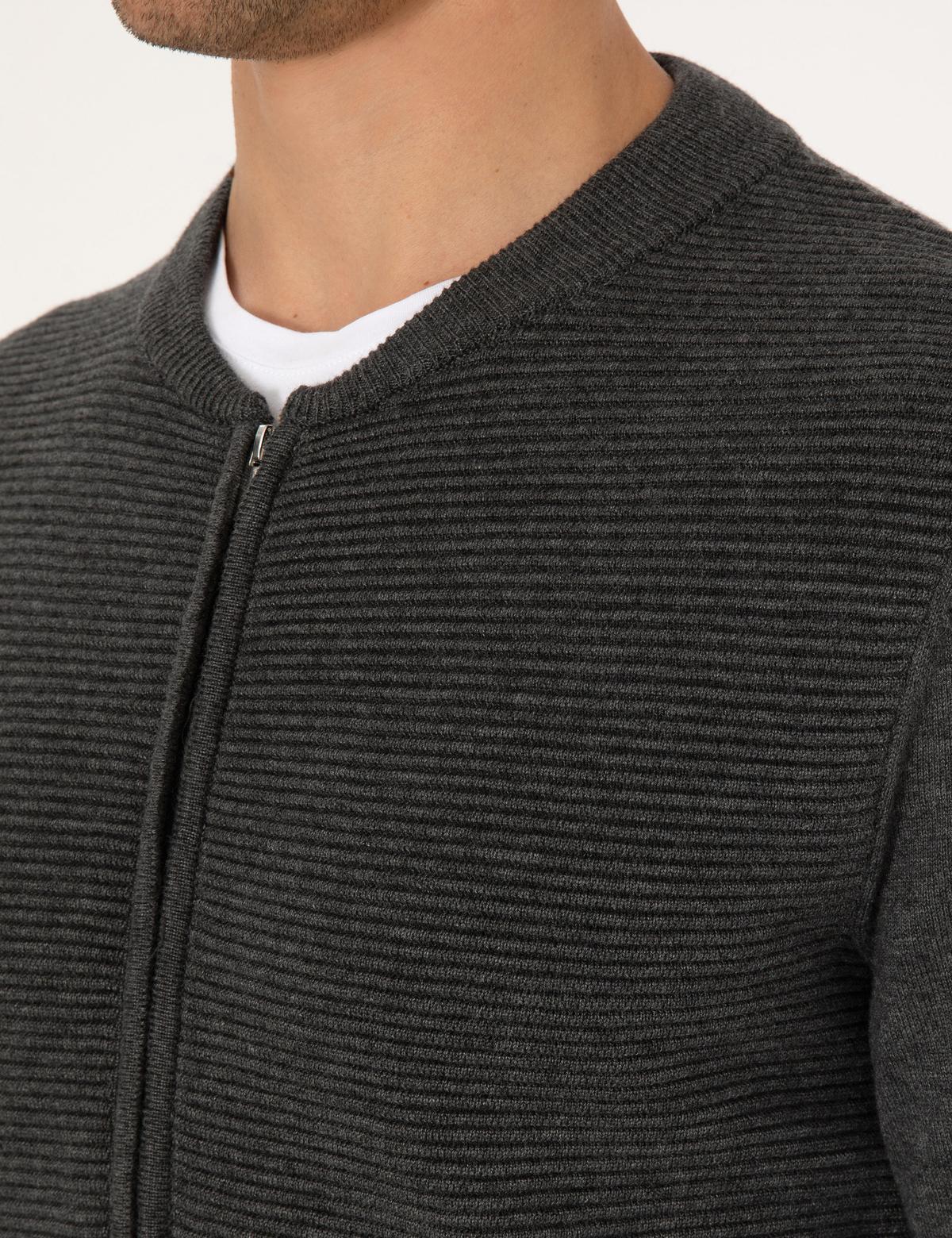 Açık Gri Melanj Slim Fit Fermuarlı Triko Hırka - 50317333036