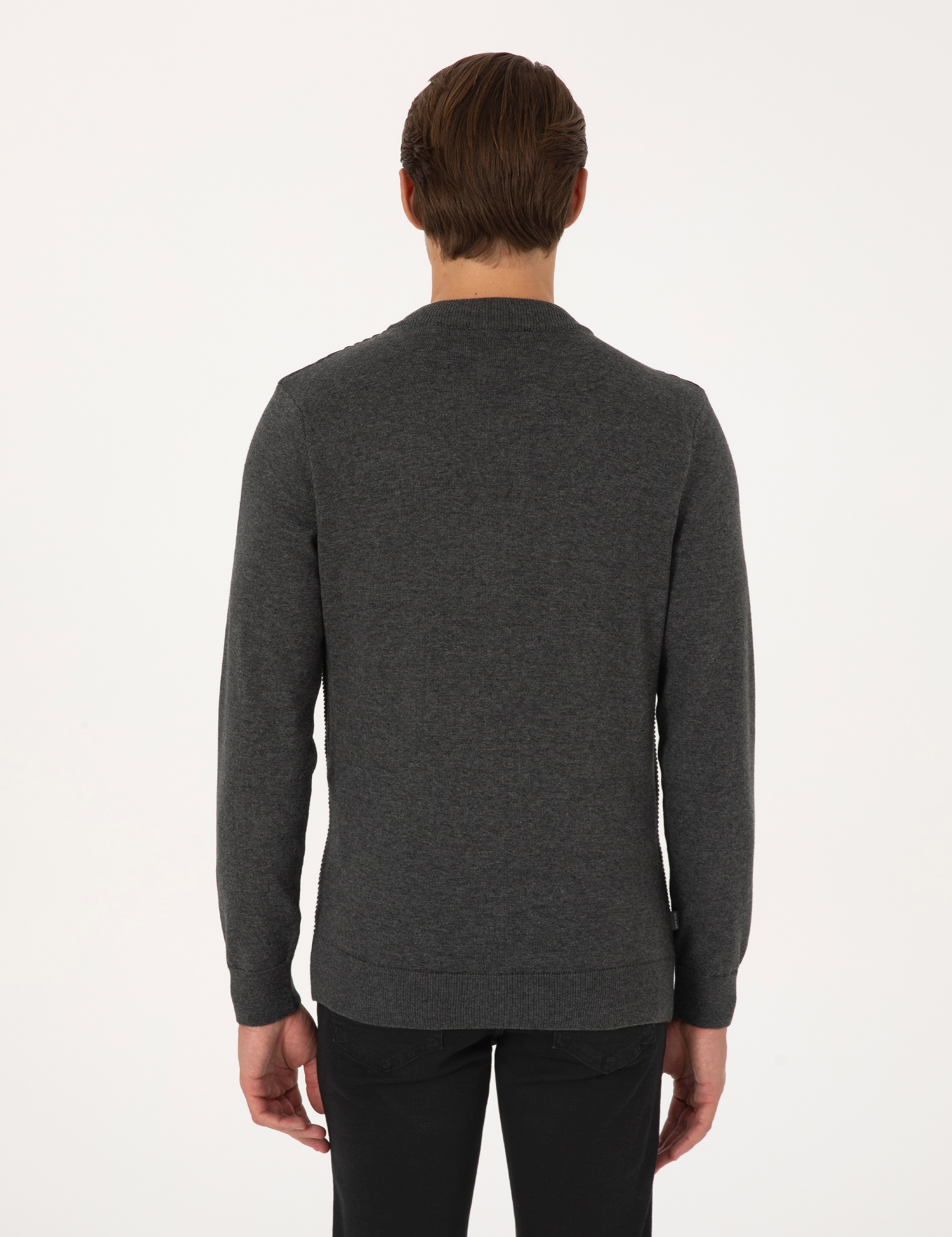 Açık Gri Melanj Slim Fit Fermuarlı Triko Hırka - Image 5