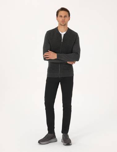 Açık Gri Melanj Slim Fit Fermuarlı Triko Hırka